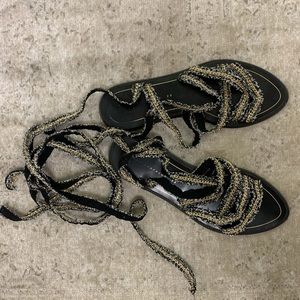 ZARA Tweed Tie-Up Sandals, Black/Gold /Silver